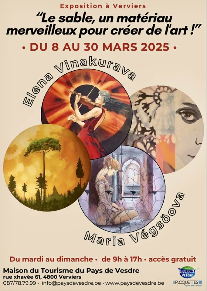Affiche. Verviers. Le sable, un matériau merveilleux pour créer de l|art. par Elena Vinakurava et Maria Végsöova. 2025-03-08